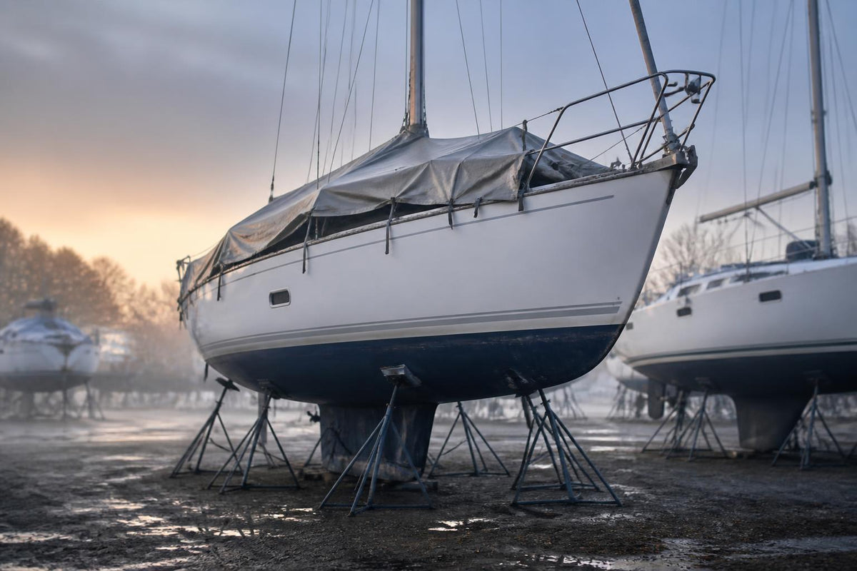 Barca a vela in rimessaggio invernale su cavalletti in un cantiere nautico, con copertura traspirante e nebbia leggera all'alba