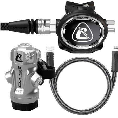 Erogatore Cressi GT Steel + Master Pro con attacco DIN 300: primo stadio in acciaio inox e secondo stadio Master Pro
