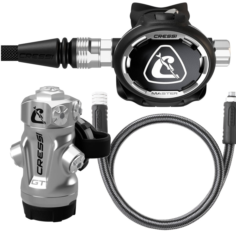 Erogatore Cressi GT Steel + Master Pro con attacco DIN 300: primo stadio in acciaio inox e secondo stadio Master Pro