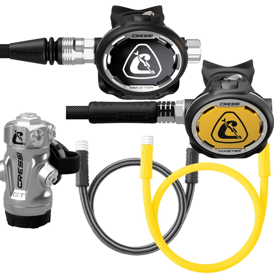 Erogatore Cressi GT Steel + Master Pro con Master Octopus, attacco DIN 300: primo stadio in acciaio inox, due secondi stadi