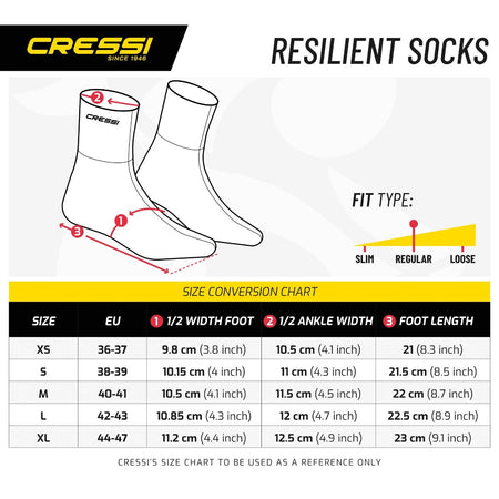 Tabella taglie dei calzari in neoprene Cressi Resilient