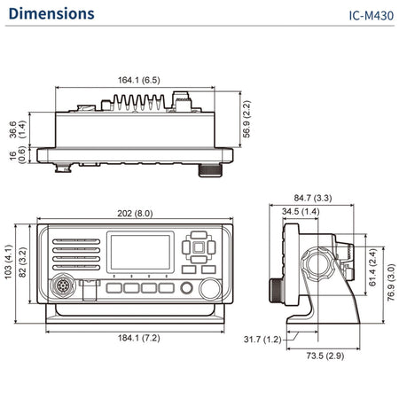 Icom IC-M430E dimensioni del corpo radio