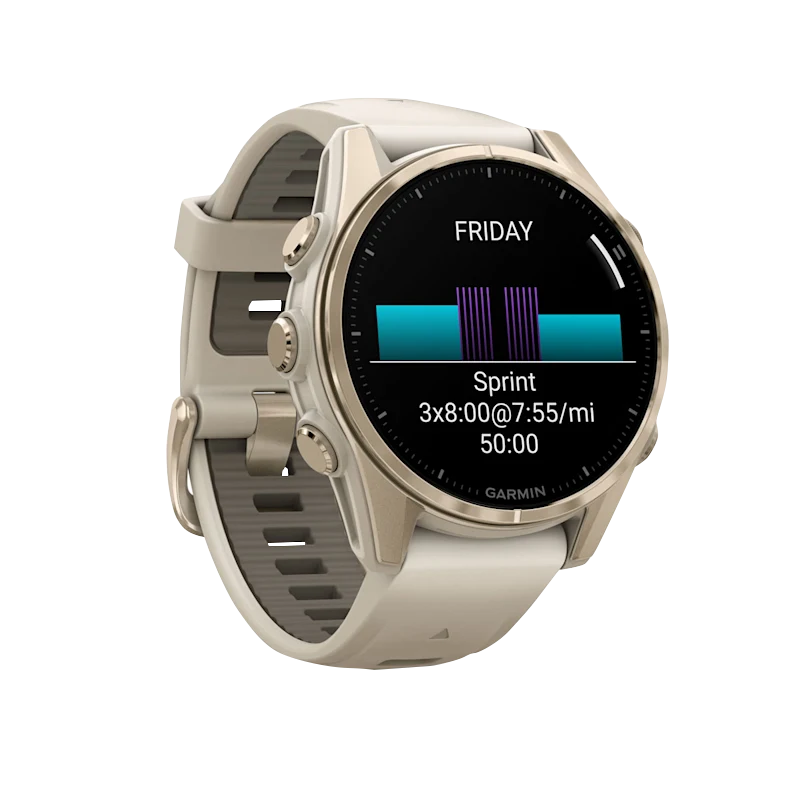 Garmin fenix 8 43mm Amoled vista laterale Soft Gold