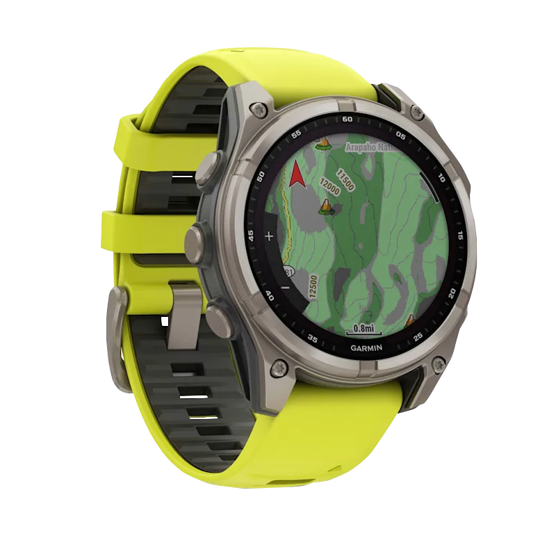 Garmin fenix 8 47mm Solar vista laterale Amp Yellow