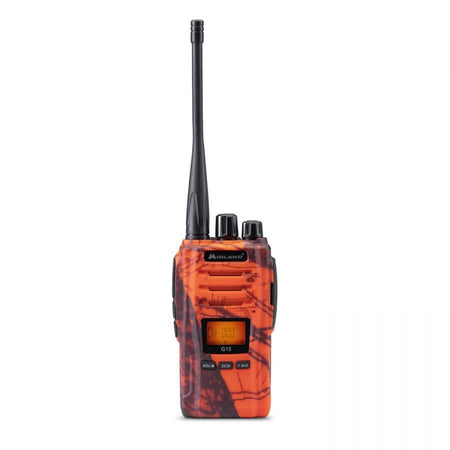 Alt Tag: Ricetrasmittente Midland G13 Blaze PMR446 impermeabile, 99 canali, schermo LCD, design arancione.
