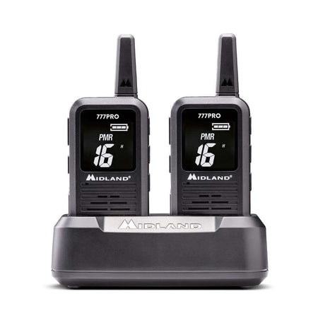 Coppia di radio Midland 777 Pro con display nero e base di ricarica.